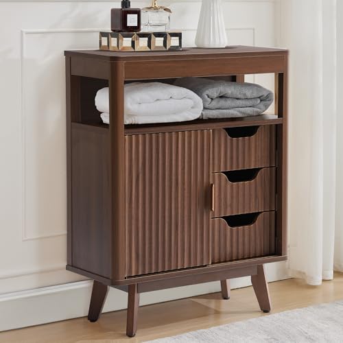 Grepatio Bathroom Storage Cabinet with Fluted Sliding Door, 3 Drawers Bathroom Floor Cabinet, Freestanding Storage Organizer w/Adjustable Shelf, Faux Marble Top for Living Room (Brown) - color: Brown