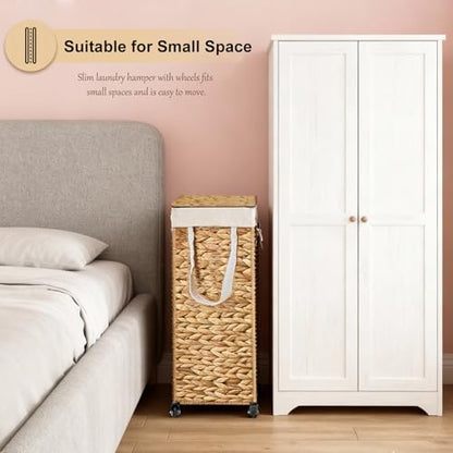 Rolling Laundry Hamper with Lid and Wheels, Slim Laundry Basket with Removable Liner Bag & 2 Mesh Bags, Handwoven Water Hyacinth Clothes Hamper for Bedroom Bathroom (Natural, 85L) - color: Natural/With Lid/85L