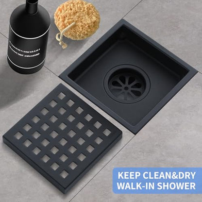 Square Shower Drain 4-Inch with ABS Flange, Matte Black, Removable Grille,Bathroom Stainless Steel Shower Floor Drain - color: 4-inch Matte Black