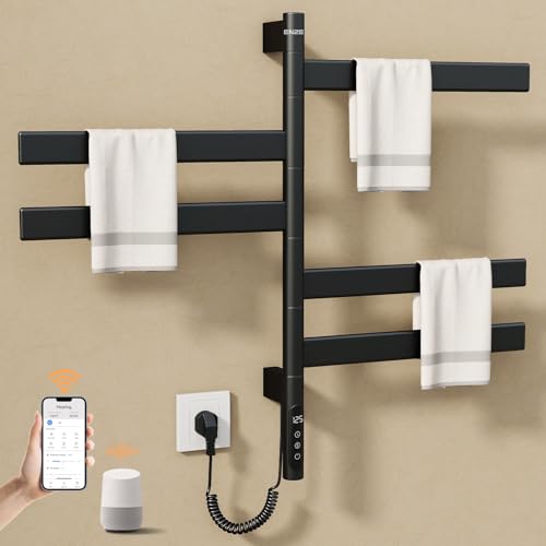 Smart Rotating Heated Towel Rack, 5-Bar Wall-Mounted, Black | Electric Towel Warmer for Bathroom, Swivel Bars, Wi-Fi App Control, 1-24H Timer, 115-155°F, 120W, IPX5, Plug-In or Hardwired - color: Black 17.72"x26.77"