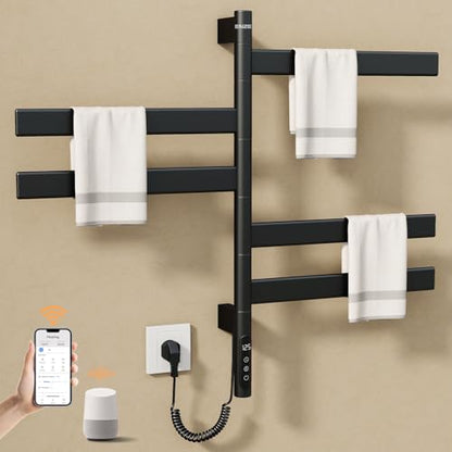 Smart Rotating Heated Towel Rack, 5-Bar Wall-Mounted, Black | Electric Towel Warmer for Bathroom, Swivel Bars, Wi-Fi App Control, 1-24H Timer, 115-155°F, 120W, IPX5, Plug-In or Hardwired - color: Black 17.72"x26.77"