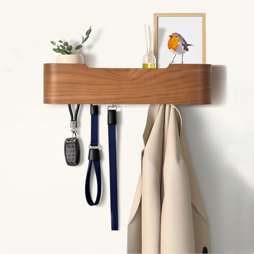 Coat Rack Wall Mount with Hidden Hooks, Wall Hooks with Shelf, Wall Key Holder Mount Wooden Shelf Entryway Hooks for Bedroom Bathroom for Hanging Coats Hats Bags Towels (Walnut, 4 Hooks) - color: Walnut, size: 4 Hooks