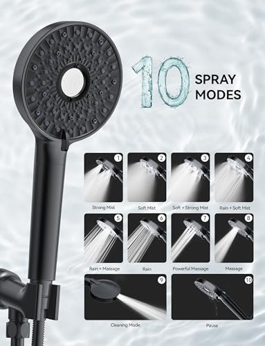 Magichome Shower Head with Handheld, High Pressure 10-Spray Detachable Chrome Showerhead with Stainless Steel Hose, Black - color: Black