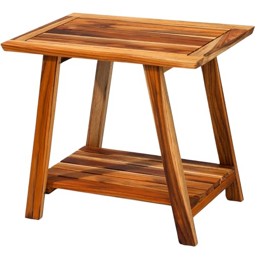 Bme Premium Teak 2-Tier Shower Bench, Space-Saving Multifunctional Wooden Shower Shelf, Easy Install with Anti-Rust Hardware & Adjustable Leveler - style: Teak Shower Bench