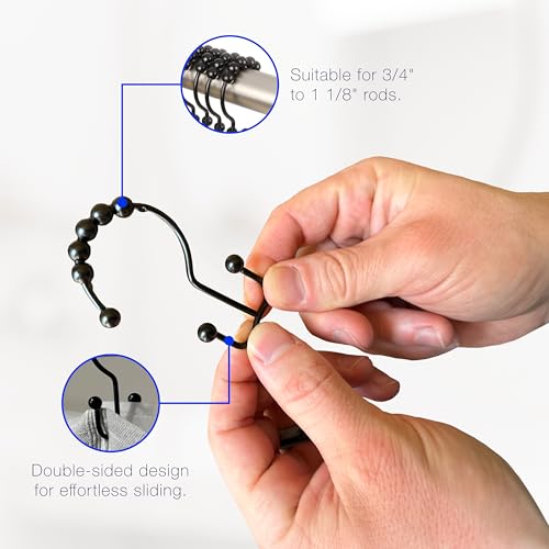2lbDepot Double Shower Curtain Hooks Rings (Matte Black Decorative Finish) Premium Rust Resistant Stainless Steel Metal Hook, Roller Balls Glide on Shower Rods, Set of 12 Pieces - color: Black