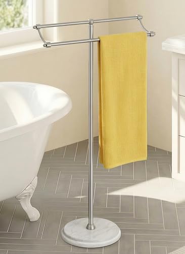 KES Anti Wobble Free Standing Towel Rack with 3X Thick Weighted Marble Base | 2-Tier Towel Rack Stand for Bathroom Floor, Rustproof 18/8 Stainless Steel, Antique Brushed Steel, Anti-Slip Pads Included - color: Brushed Steel