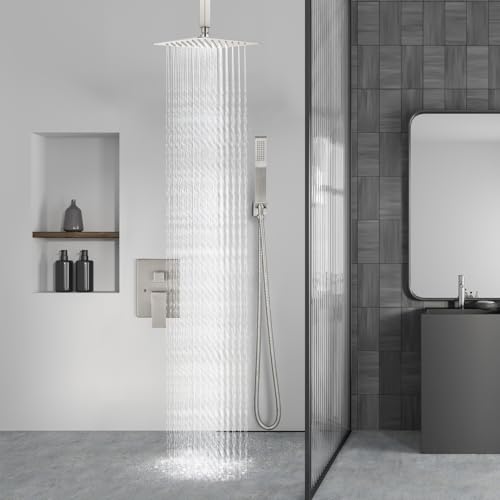 Aolemi Ceiling Shower Faucet with Handheld 8 Inch Head Brushed Nickel | Shower Valve and Trim Kit,SUS304 Rain Head and Handle Set System,All Metal,Bathroom, Handheld Spray - color: Nickel, size: 8 Inch Ceiling Shower Head