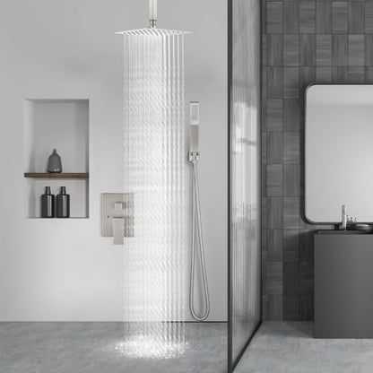 Aolemi Ceiling Shower Faucet with Handheld 8 Inch Head Brushed Nickel | Shower Valve and Trim Kit,SUS304 Rain Head and Handle Set System,All Metal,Bathroom, Handheld Spray - color: Nickel, size: 8 Inch Ceiling Shower Head
