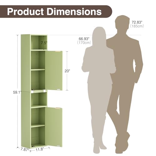 AKMAKM 59.1" Tall Slim Bathroom Storage Cabinet Green | Freestanding or Wall Mounted Modular Cabinet, Fluted Panel Linen Tower with Adjustable Shelves for Small Spaces - color: Green