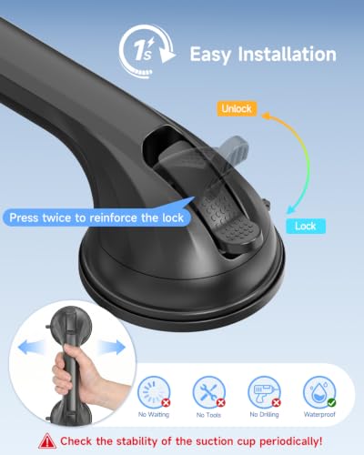 2 Pack Shower Grab Bar for Shower and Bathtubs, No Drilling, Black | Suction Shower Handle for Elderly, Suction Cup Removable Handrails Safety Grip, Heavy Duty, 12 inch - color: Black