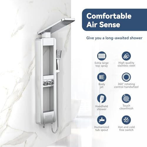 ELLO&ALLO Shower Panel Tower System with Shelf, Rainfall Shower Head and Rain Massage System with Body Jets, Stainless Steel Bathroom Fixtures, Brushed Nickel&Chrome