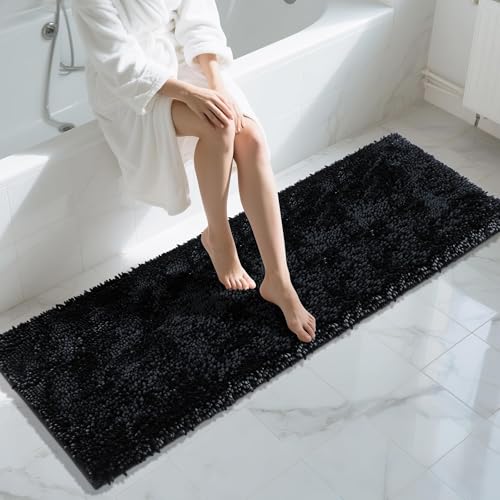 Yimobra Long Bathroom Rugs Runner 70x24 Inch, Extra Thick Soft Absorbent Chenille Bath Mat, Non Slip Machine Washable, Quick Dry Bath Rugs for Bathroom Floor, Tub and Shower, Black - color: Black, size: 70" X 24"