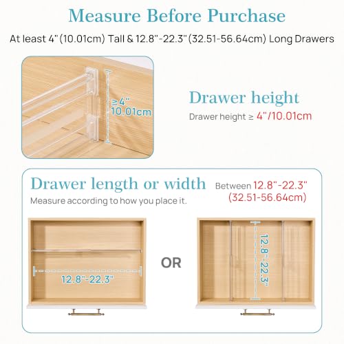 Vtopmart 4" Regular Upgrade Drawer Dividers for Clothes, 12.8"-22.3" 4 Pack | Expandable Dresser Drawer Organizer, Clear Separator, Baby Clothing, Underwear, Cosmetics, Toiletries Storage, Space Saving - size: Regular-4" without Inserts