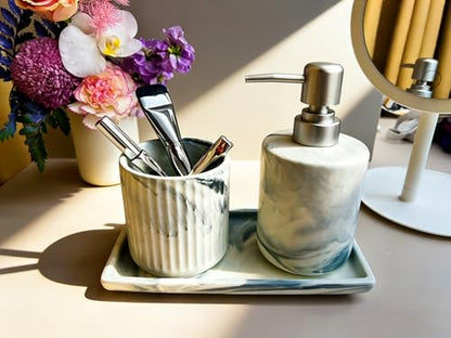 350ML Bathroom Soap Dispenser Set，Marble 3-Piece Countertop Organizer | Marble ceramic is suitable for soap storage on the washstand, liquid detergent on the sink, and lotion bottle on the dresser - color: Grey Ink Wash