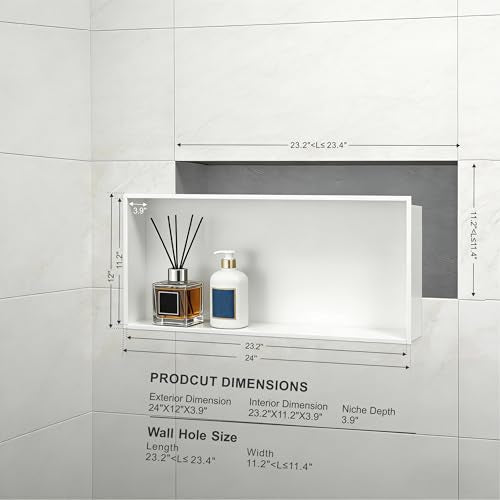Achelous Stainless Steel Insert Shower Niche 24" X 12" NO Tile Needed, Bathroom Wall Niche Recessed Shower Shelf Organizer, Wall-Inserted Niche Recessed Shower Caddy, Matte White - color: Matte White, size: 24" X 12"