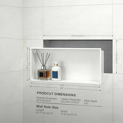 Achelous Stainless Steel Insert Shower Niche 24" X 12" NO Tile Needed, Bathroom Wall Niche Recessed Shower Shelf Organizer, Wall-Inserted Niche Recessed Shower Caddy, Matte White - color: Matte White, size: 24" X 12"