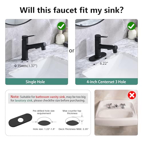 Bathroom Sink Faucet with Pull Out Sprayer, Single Handle Modern Bathroom Basin Faucet with Pop-up Sink Drain Stopper & Deck Plate 1 or 4-inch Centerset 3 Hole, Matte Black - color: Matte Black