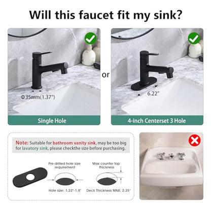 Bathroom Sink Faucet with Pull Out Sprayer, Single Handle Modern Bathroom Basin Faucet with Pop-up Sink Drain Stopper & Deck Plate 1 or 4-inch Centerset 3 Hole, Matte Black - color: Matte Black