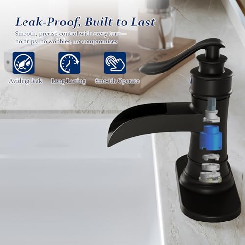 BWE Brass Matte Black Waterfall Bathroom Faucet for Farmhouse & Classic | Wide Waterfall Spout, Ceramic Cartridge, Fits 1 or 3-Hole Sink, Single Handle, Handware Included, Easy Install - color: Black