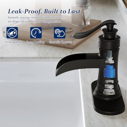BWE Brass Matte Black Waterfall Bathroom Faucet for Farmhouse & Classic | Wide Waterfall Spout, Ceramic Cartridge, Fits 1 or 3-Hole Sink, Single Handle, Handware Included, Easy Install - color: Black