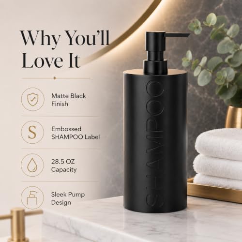 Matte Black Shampoo Dispenser Modern Refillable Pump Bottle with Embossed Text, Durable Resin Construction for Bathroom and Kitchen - color: Shampoo Black