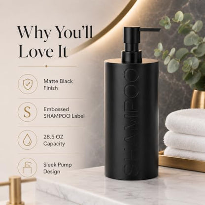 Matte Black Shampoo Dispenser Modern Refillable Pump Bottle with Embossed Text, Durable Resin Construction for Bathroom and Kitchen - color: Shampoo Black