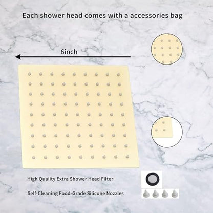 Square 6 Inch Stainless Steel Shower Head High Pressure Rainall Shower Head Brushed Gold Ultra Thin Design-Best Pressure Boosting - color: Brushed Gold, size: Square