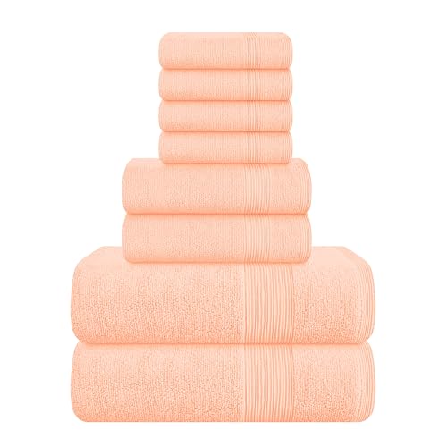 8 Piece Towel Set 100% Ring Spun Cotton, 2 Bath Towels 27x54, 2 Hand Towels 16x28 and 4 Washcloths 13x13 - Ultra Soft Highly Absorbent Machine Washable Hotel Spa Quality - Peach - color: Peach, size: 8 Piece Towel Set