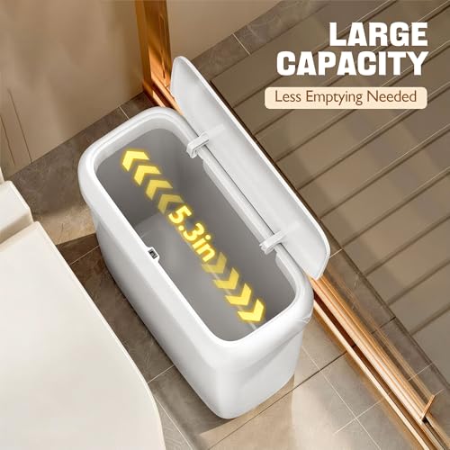 Small Bathroom Trash Can with Lid, 2.7 Gallon Slim Press-Top Trash Can, Pet-Resistant Narrow Plastic Wastebasket, White Garbage Bin for Bathroom Bedroom Office Dorm RV - size: 2.7 Gallon