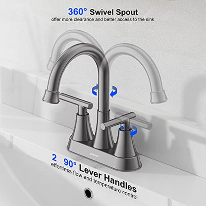 Bathroom Faucet, Hurran 4 inch Centerset 2-Handle Lead-Free, Brushed Grey | Bathroom Sink Faucet with Pop-up Drain and Supply Lines, Stainless Steel Faucet for Vanity RV Restroom Laundry Outdoor Sink - color: Brushed Grey