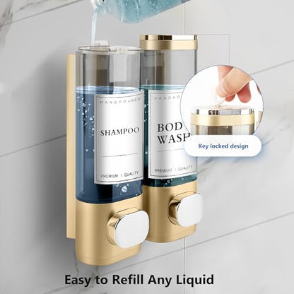 Shampoo and Conditioner Dispenser, 2 Chamber 300ml, Wall Mounted, Gold | Shower Soap Dispenser, Refillable Hand Soap Dispensers, Body Wash Dispenser for Bathroom, Kitchen, Hotel, Home - color: Gold, size: 2 Chamber