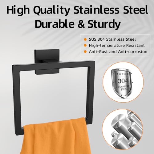 Matte Black Square Towel Ring, SUS304 Stainless Steel Hand Towel Holder for Bathroom Kitchen, Modern Style Towel Hanger, Thicken Ring Towel Holder, Towel Rack Square Wall Mounted - size: 1Pack Square