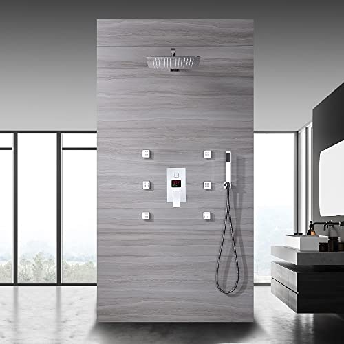 Cascada Digital 12” Wall Mounted Shower System with Single Handle & LCD Display, 3 Functions (Rainfall, Body jets & Handheld) (Polished Stainless Steel) - color: Polished Stainless Steel