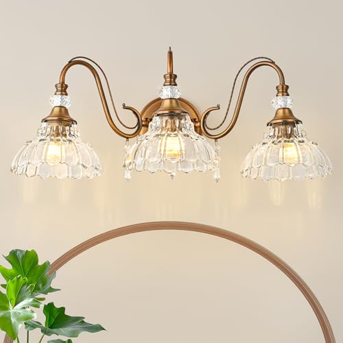 Vintage Bathroom Vanity Light, 3-Light Matte Antique Brass Finish Wall Sconce with Hanging Crystal Accents and Flower-Shaped Clear Glass Shades, Retro Wall Mount Vanity Light Over Mirror for Bathroom - color: Antique Brass, size: 3-Light
