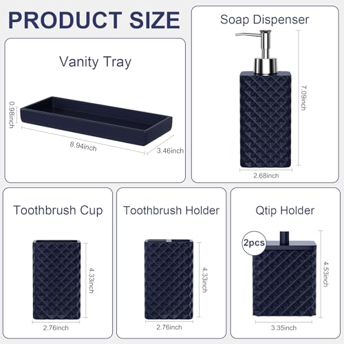 Bathroom Accessories Set Resin 6PCS, Square Toothbrush Holders Set Complete with Soap Dispenser, Vanity Tray, Tumbler, Cups and Cotton Swab Jars (Navy Diamond, Resin Bath 6 PCS) - color: Navy Diamond