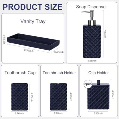 Bathroom Accessories Set Resin 6PCS, Square Toothbrush Holders Set Complete with Soap Dispenser, Vanity Tray, Tumbler, Cups and Cotton Swab Jars (Navy Diamond, Resin Bath 6 PCS) - color: Navy Diamond