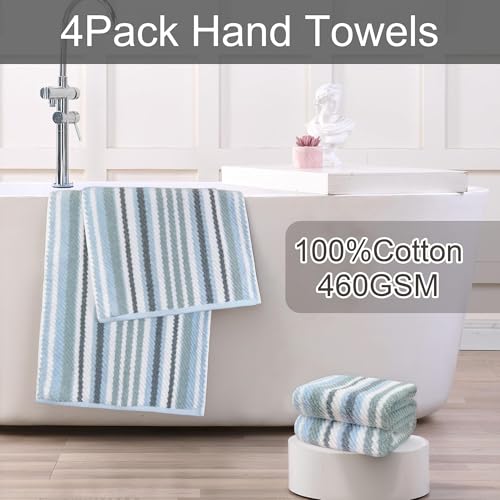 VOOVA & MOVAS Bath Hand Towels 4 Pack, 100% Cotton, 16x27 in, Blue Striped | Excellent Daily Use & Holiday Gift Choice, Quick Dry, Highly Absorbent, Soft, Lightweight, Luxury Gift Set - color: Gray + Blue Striped, size: 4 PC Hand Towels (16"x27")