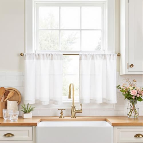 jinchan Rustic Linen Rod Pocket Tier Curtains, 26x20, 2 Panels, White | Light filtering, cafe curtains, machine washable, farmhouse, kitchen, bathrooms, laundry, small window, over sink - color: Rod Pocket | Beige White, size: 26"W x 20"L (Pack of 2)