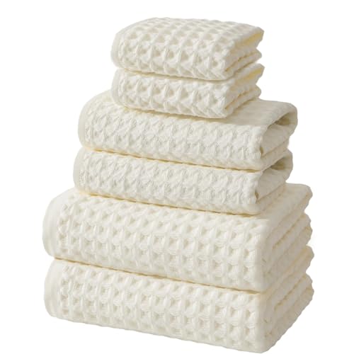 SK Studio 6 Piece White Bath Towels Set Cotton Waffle Bathroom Towels | 2 Bath Towels, 2 Hand Towels, 2 Washcloths Quick Dry for College Dorm, Spa - color: White