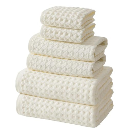 SK Studio 6 Piece White Bath Towels Set Cotton Waffle Bathroom Towels | 2 Bath Towels, 2 Hand Towels, 2 Washcloths Quick Dry for College Dorm, Spa - color: White