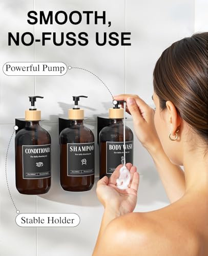 Luxspire 17oz Shampoo and Conditioner Dispenser 3 Sets for Bathroom, Amber | Matte PET bottle, no-drill stainless bracket, detachable pump, dual wall/counter install with classification stickers - color: Amber Brown