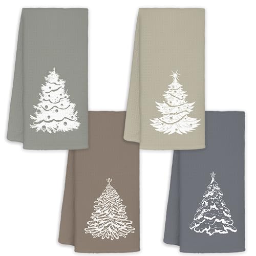 JINYO Boho Neutral Christmas Kitchen Towels, Modern Winter Snowy Christmas Tree Decorative Hand Towels for Bathroom Kitchen, Rustic Neutral Pine Tree Decorative Dish Tea Towels, 16x24 Inch Set of 4 - color: Christmas Towels-four