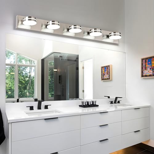 Brushed Nickel Bathroom Light Fixtures Over Mirror, 5-Light Bathroom Vanity Light, LED Dimmable Bath Lights, Modern Wall Mounted Lighting Fixture with Rotating Lamp Head - color: Nickel-Dimmable