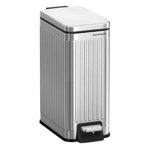 SONGMICS Bathroom Trash Can, 1.6-Gallon (6 L) Trash Bin with Lid, Slim for Small Spaces, Stainless Steel Garbage Can, Soft Close, Silver ULTB563E01 - color: Silver, style: 1.6 Gal. & fluted design