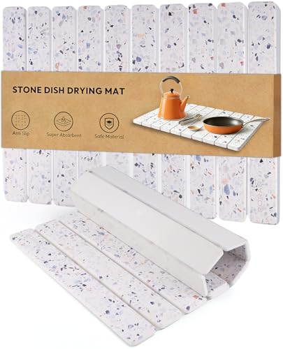 Stone Drying Mat for Kitchen Counter, 24 x 16 inches, Fast Drying Collapsible Dish Drying Mat, Eco-Friendly Absorbent Diatomaceous Earth Mats for Dishes Bottles Cups (Terrazzo) - color: Terrazzo