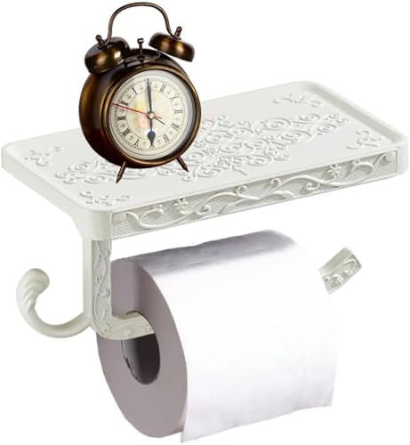 Antique Carving Toilet Paper Holder，Wall Mounted Single Roll Cell Phone Roll Holder Shelf for Bathroom Decor (White) - color: White