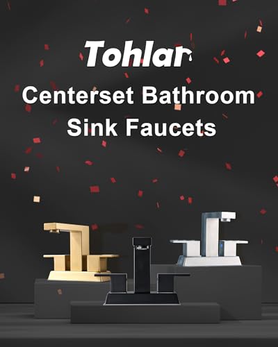 Tohlar Brushed Gold 2 Handle 4 Inch Centerset Bathroom Faucet with Pop Up Drain and 2 Lead-Free Hoses - color: Brushed Gold