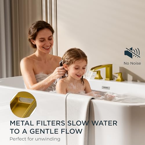 FORIOUS Roman Bathtub Faucet 3 Hole Deck Mount with 2 Handle Brushed Gold | Tub Faucet for 3-Hole Set, 6-12" Centered Distance, Widespread Garden Bath Tub, Waterfall Spout, High Flow, Brass - color: Brushed Gold