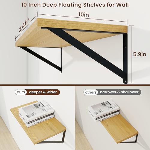 Deep Floating Shelves, 24'' x 10'' Oak Wall Shelves Set of 2 | 10 Inch Deep Shelves with Heavy Duty Brackets, Rustic Wood Shelves for Bathroom Living Room, Engineered Wood, 40LBS - color: Oak, size: 24W x 10D