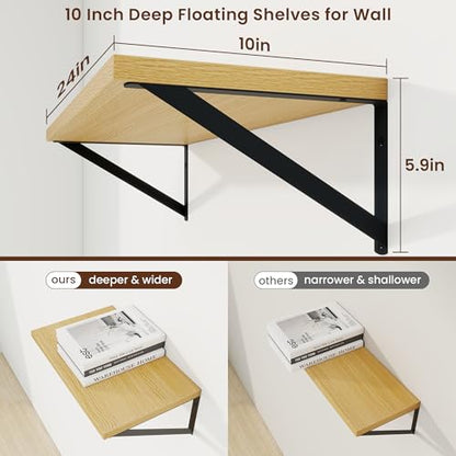 Deep Floating Shelves, 24'' x 10'' Oak Wall Shelves Set of 2 | 10 Inch Deep Shelves with Heavy Duty Brackets, Rustic Wood Shelves for Bathroom Living Room, Engineered Wood, 40LBS - color: Oak, size: 24W x 10D